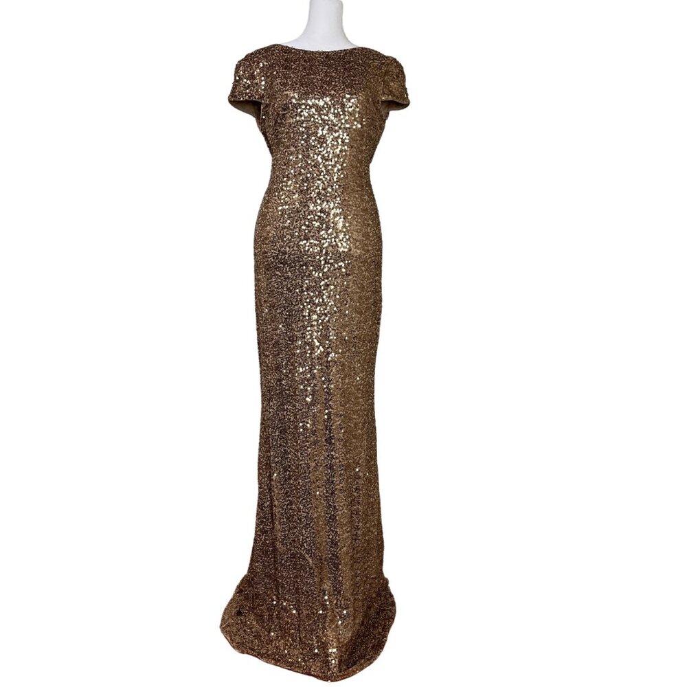 Badgley Mischka Cowl Back Stretch Fit Gold Sequin Evening Gown - Picture 2 of 15